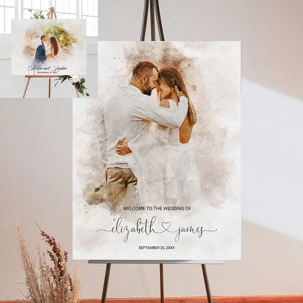 Watercolor Couple Portrait Poster Unique Wedding Welcome Sign Art Print Canvas Painting Wall Picture for Welcoming Guests Decor