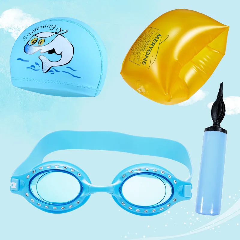 Gorro de natación impermeable con revestimiento de PU para niños, juego de gafas de natación HD antivaho, brazo de natación para niños