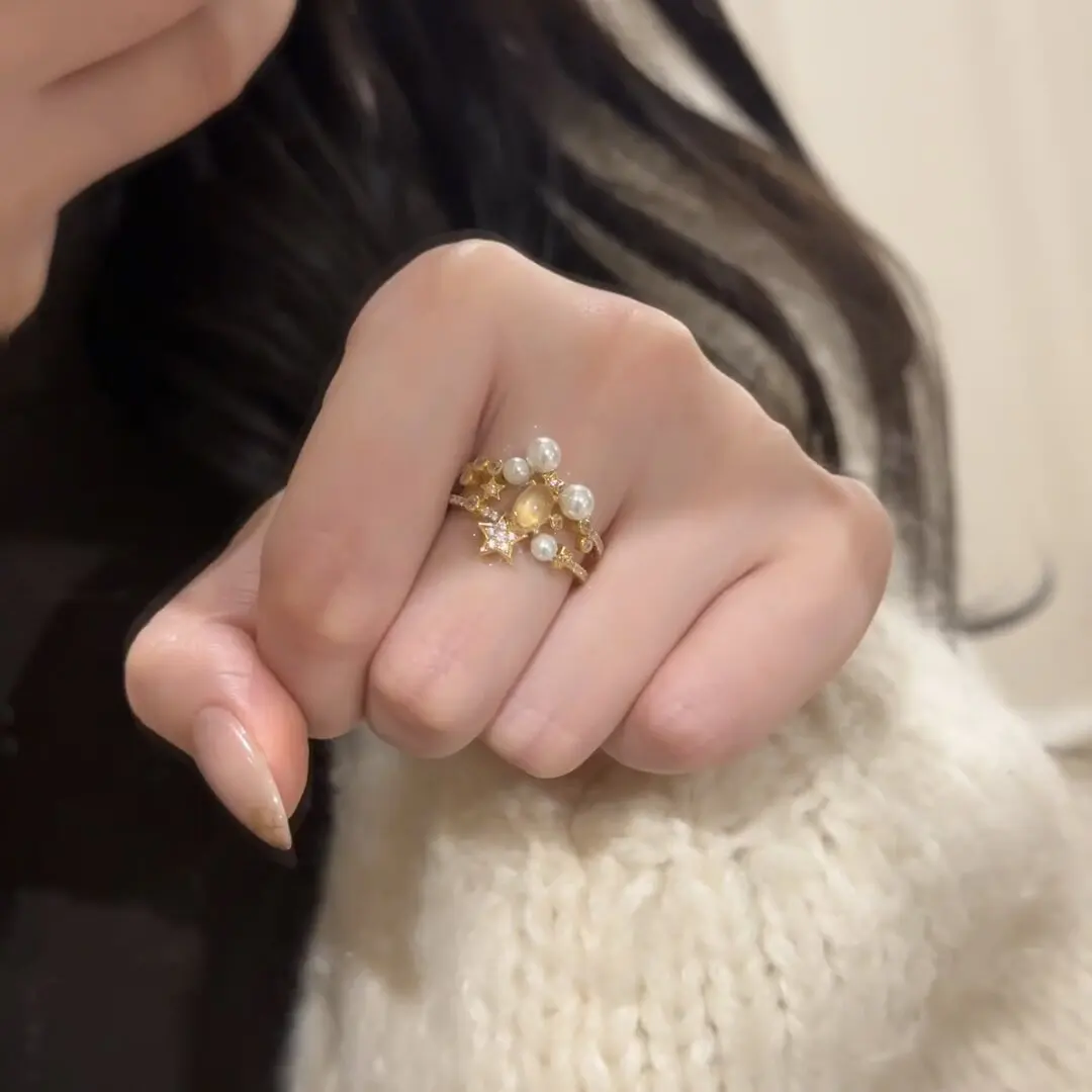 Ring Pearl Cat Eye Stone Double Layer Open Adjustable Stackable Minimalist Trendy Lightweight Gold Tone Alloy Jewelry Women