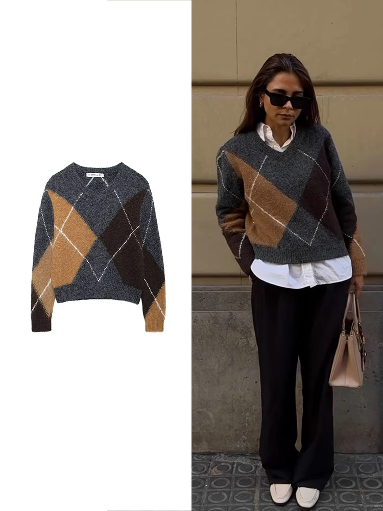 Nueva Primavera y Otoño de la Mujer Pullover Empalme de punto Vintage V-cuello de manga larga de las mujeres de moda tendencia Señora Tops