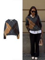 TRAF New Women's Spring and Autumn Pullover Splicing Knit Sweater Retro V-neck Long Sleeve Women's Fashion Trend Lady Tops
