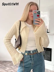 2024fashion Lapel Flare Long Sleeves Sweater Sweet Girl Solid Single Breasted Knitted Cardigan Fall Winter Chic Lady Street Wear