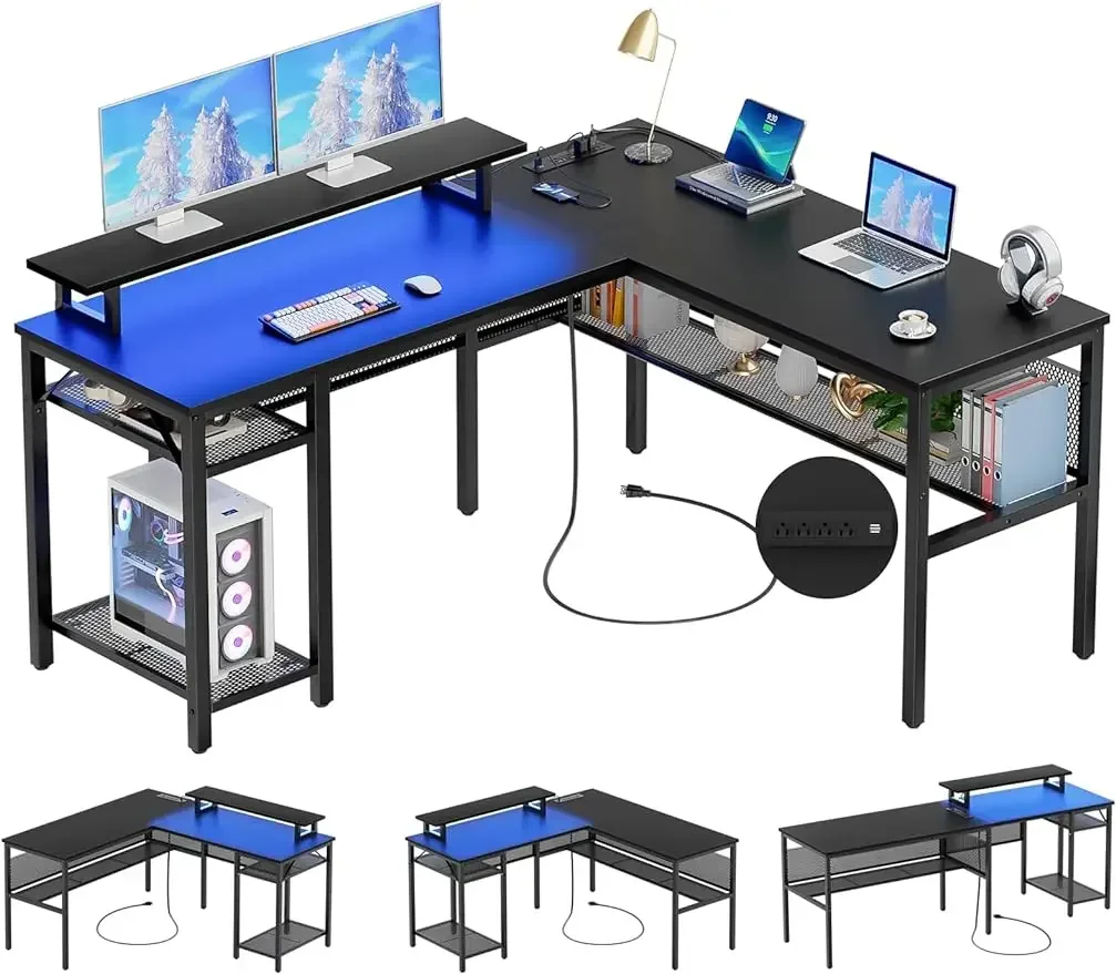 

A L Shaped Desk Reversible Corner Computer Desk With Magic Power Outlets and Smart LED Light Computer Gaming Table Writing