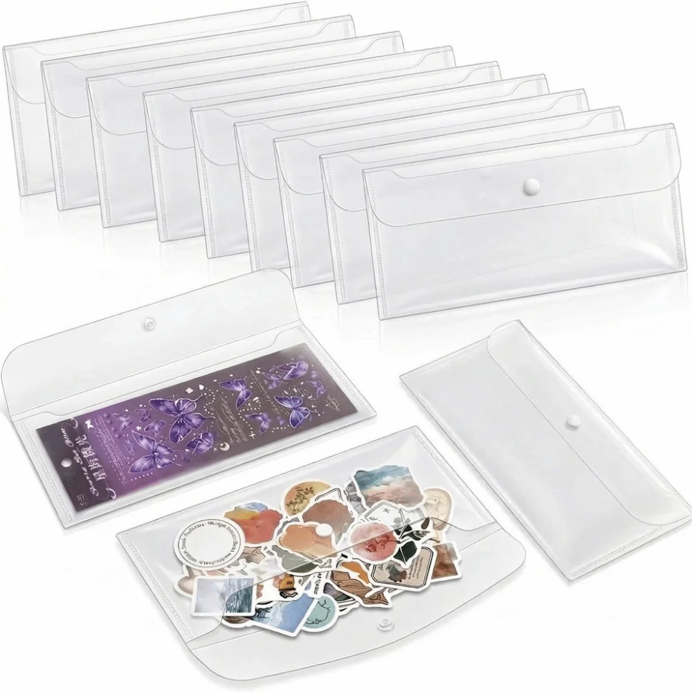 12PCS Waterproof Clear Sticker Organizer Plastic Envelopes with Snap Die Storage Pockets 4 Size Scrapbook Stamp Storage Bag Home