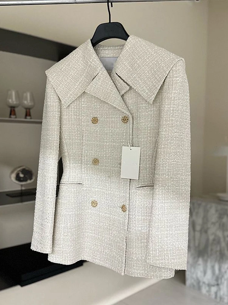 Korean Chic Vintage Tweed Jacket Blazer Coat For Women Small Fragrant Woolen Coats Elegant Fashion Outerwears