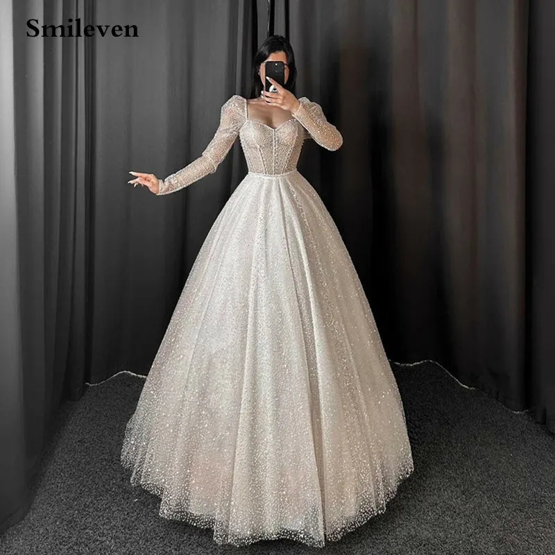 

Smileven Long Sleeve Wedding Dress Shiny Glitter Tulle Sweetheart Bride Dresses Robe De Mariee A Line Wedding Gowns 2024