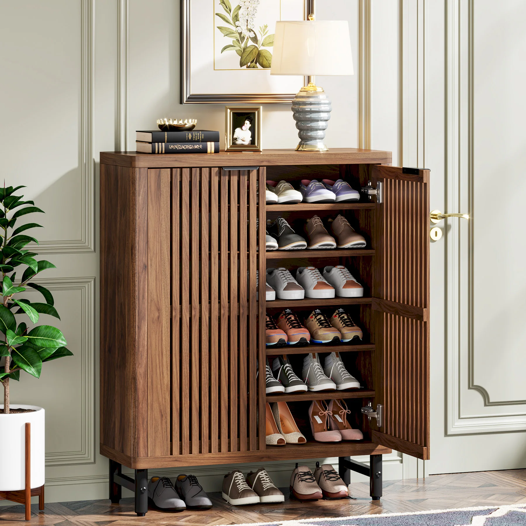 

6-Tier Wooden Shoe Cabinet with Louvered Doors & Adjustable Shelves Shoe Storage Organizer Rack
