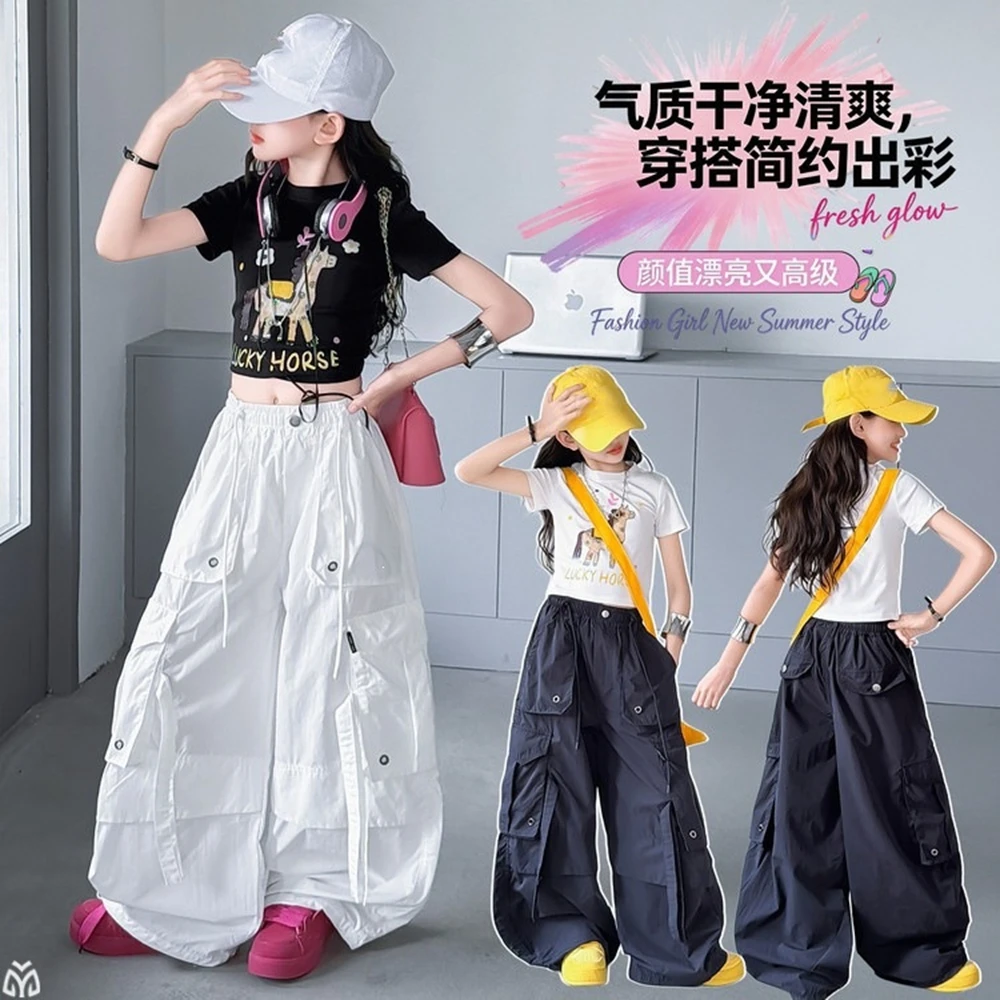 Teens Girls Casual Street Style Y2K Clothes Sets Outfits for Kids Summer Tops + Cargo Pants Streetwear Kids Cool Clothing Suits