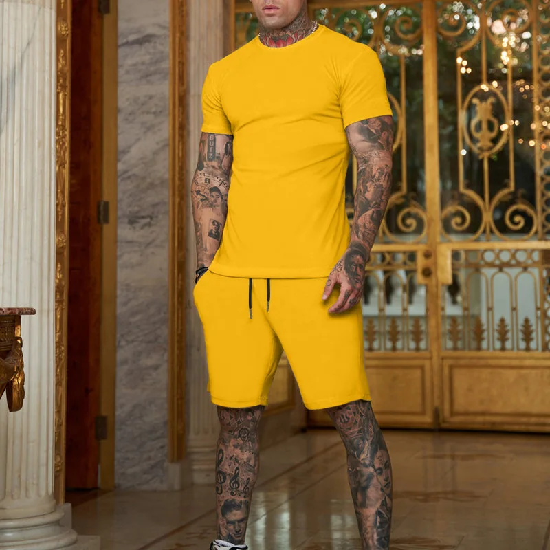 2026 Summer New Men Sunshine Cotton Solid Color T-shirt Set Outdoor Sports Fitness Breathable Short Sleeve Shorts Two Piece Set