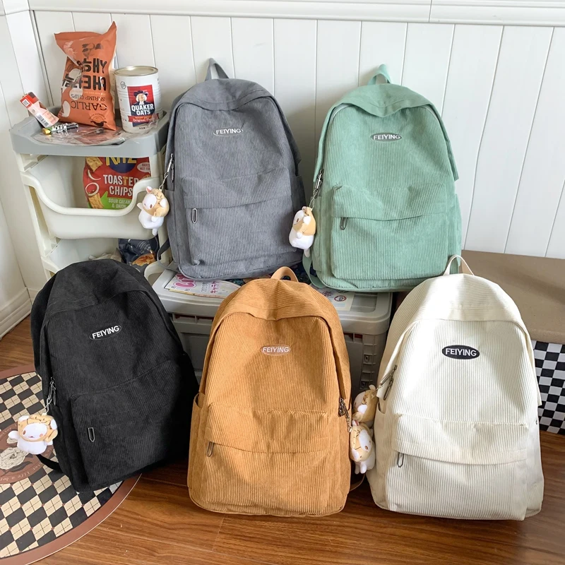 Vintage Corduroy Women'S Backpack Solid Color Simple Female Student School Bags Lady Travel Book Bag Kawaii Boy Girl Backpack