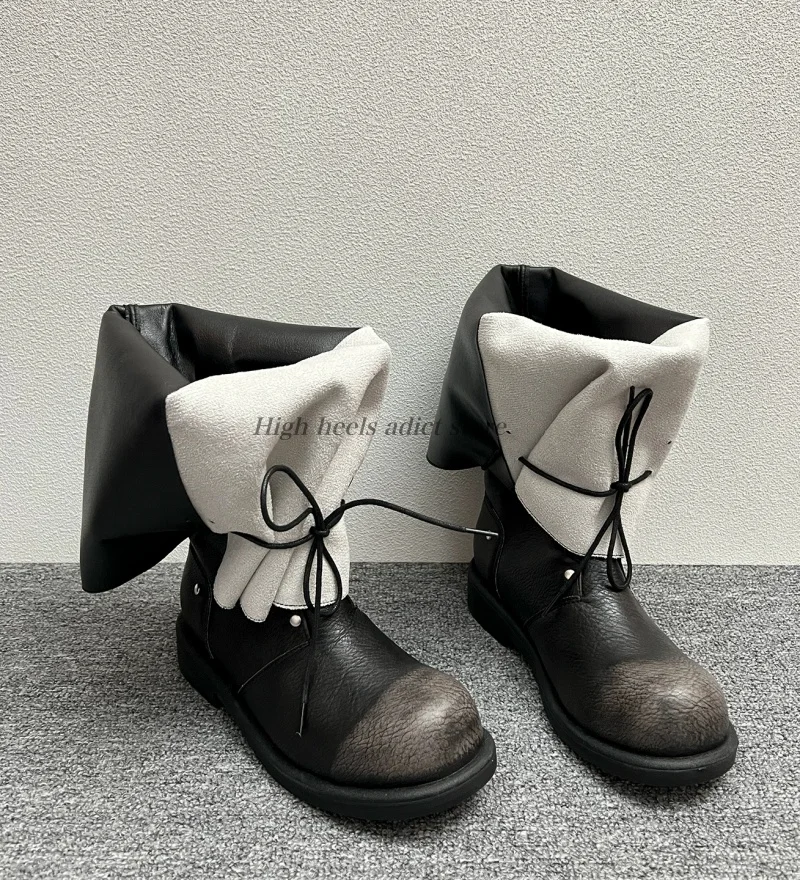 Vintage round toe lace up flod mid calf boots leather black/Khaki flats strappy causal dress booties luxury designer soft shoes view 5