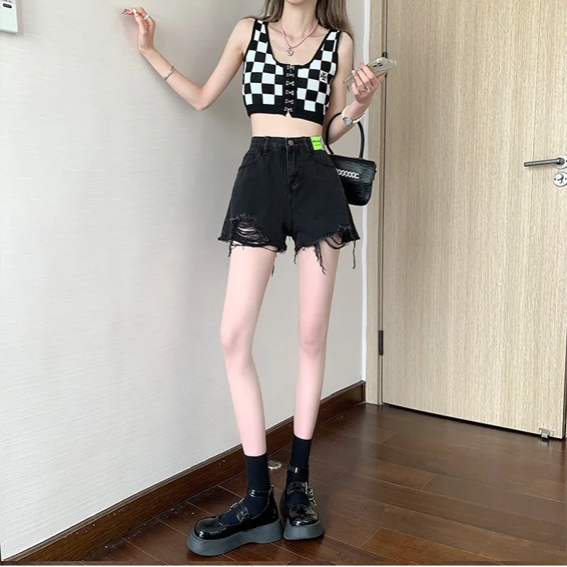 Denim Shorts Women\'s Summer Korean Version High Waist Loose and Thin A-line All-match Ripped Design Mini Pants Ins Rave Y2k Jean