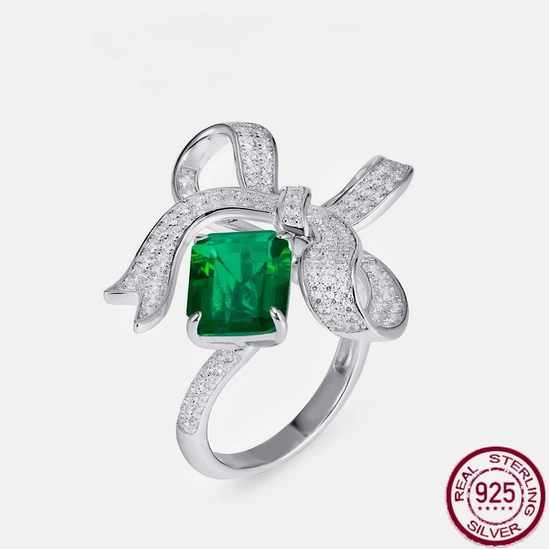 

New S925 pure silver cultivated emerald bow, European and American style fashionable high-end jewelry, wedding jewelry