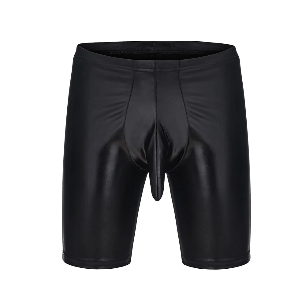 Sexy Mens Lingerie Stretchy Faux Leather Exotic Short Pants With Penis Sleeves Latex Fetish Underpants Male Gay Panties Costumes