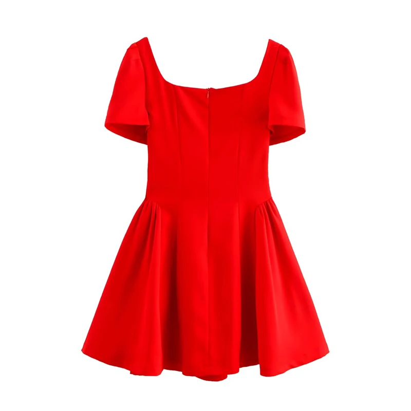 KEYANKETIAN 夏の新しい女性の赤いスクエアネックバブル半袖ミニふわふわスカートスリムフィット痩身ドレス