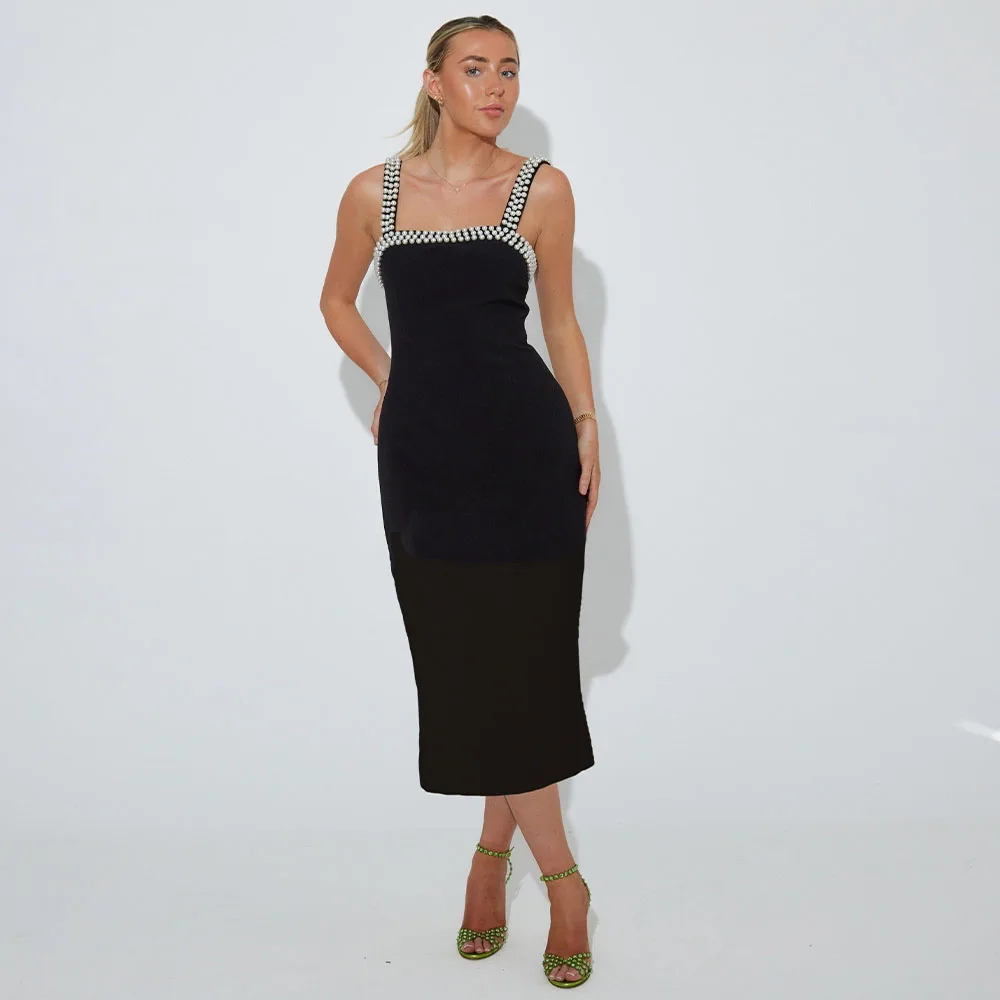 

Evening Party Dress Midi Black Column Pearls Straps Short Cocktail Dresses for Women Tea Length Sleeveless Wedding Cocktail Gown