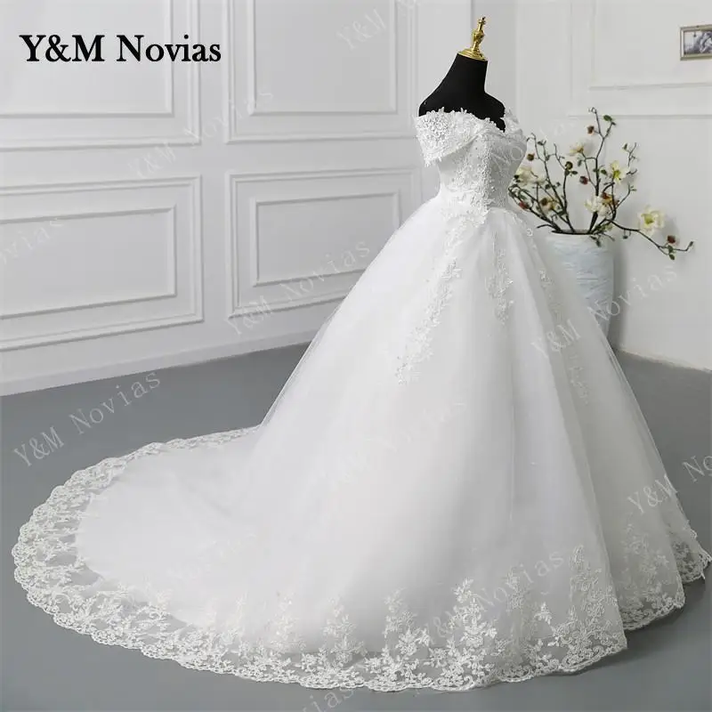 Y&M Customized Off Shoulder Plus Size Vestido De Noiva 2025 Wedding Dress Long Train or Floor Appliqe Pearl Bridal Tulle Mariage