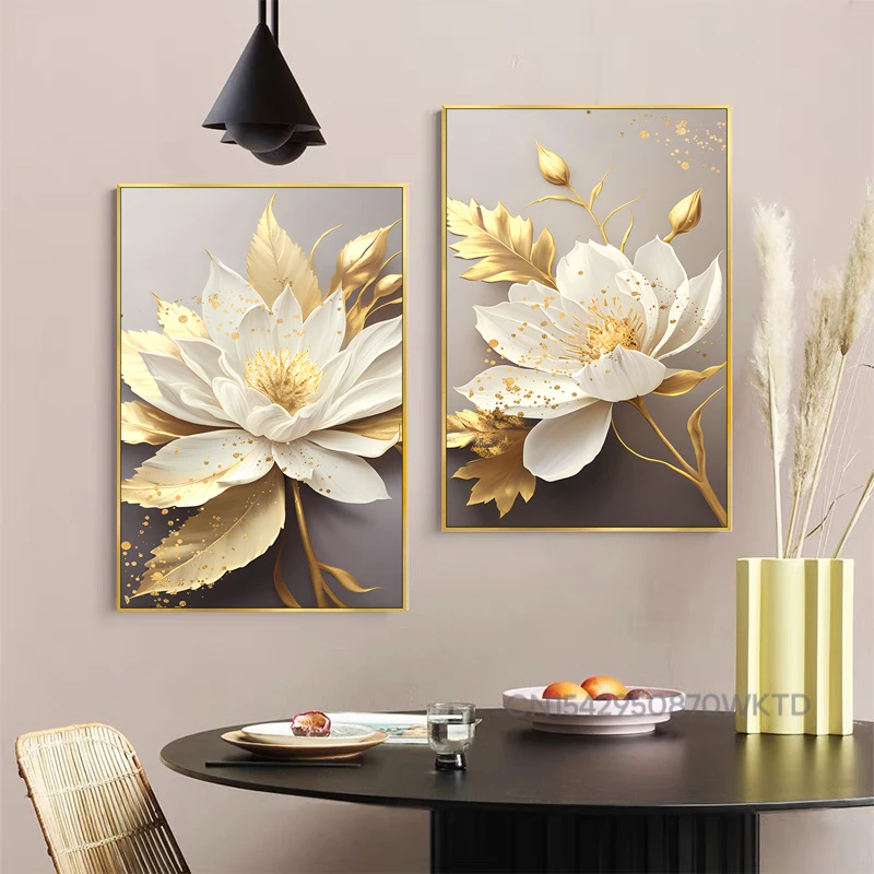 Gold Leaf White Blooming Flowers Poster Decorative Paintings Canvas Wall Pictures Living Room Modern Bedroom Home Decor Interior