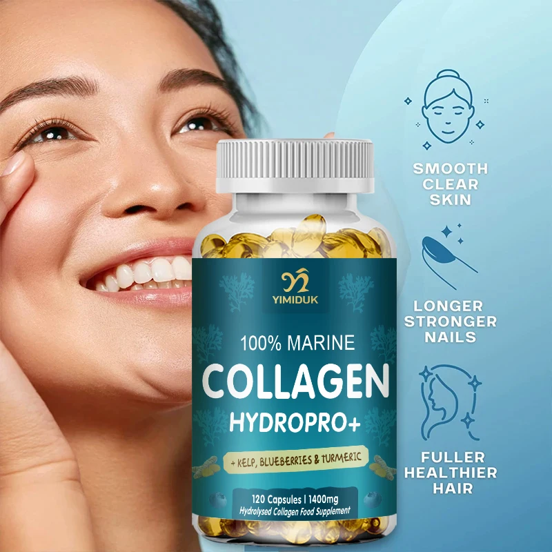 Suplemento de colágeno hidrolisado, Colágeno marinho 100% potente com ácido hialurônico, Biotina e mirtilo, Vitaminas e minerais