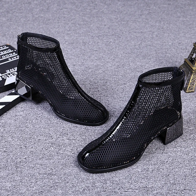 2024 New Summer Ankle Mesh Breathable Shoes Women Cool Hollow Mid-heel Sandals Short Boots Fashion Sexy Ladies Sandals
