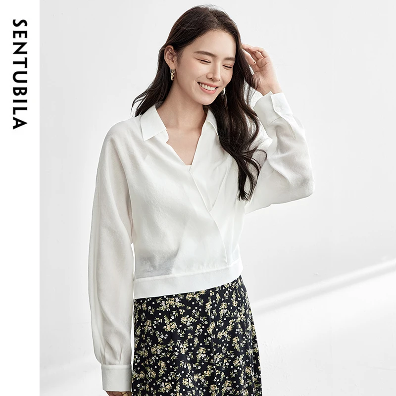 

SENTUBILA Batwing Sleeve Woman White Blouse 2025 Autumn Casual Turn Down Collar Folds Thin Tops Luxury Women's Blouse 151C58339