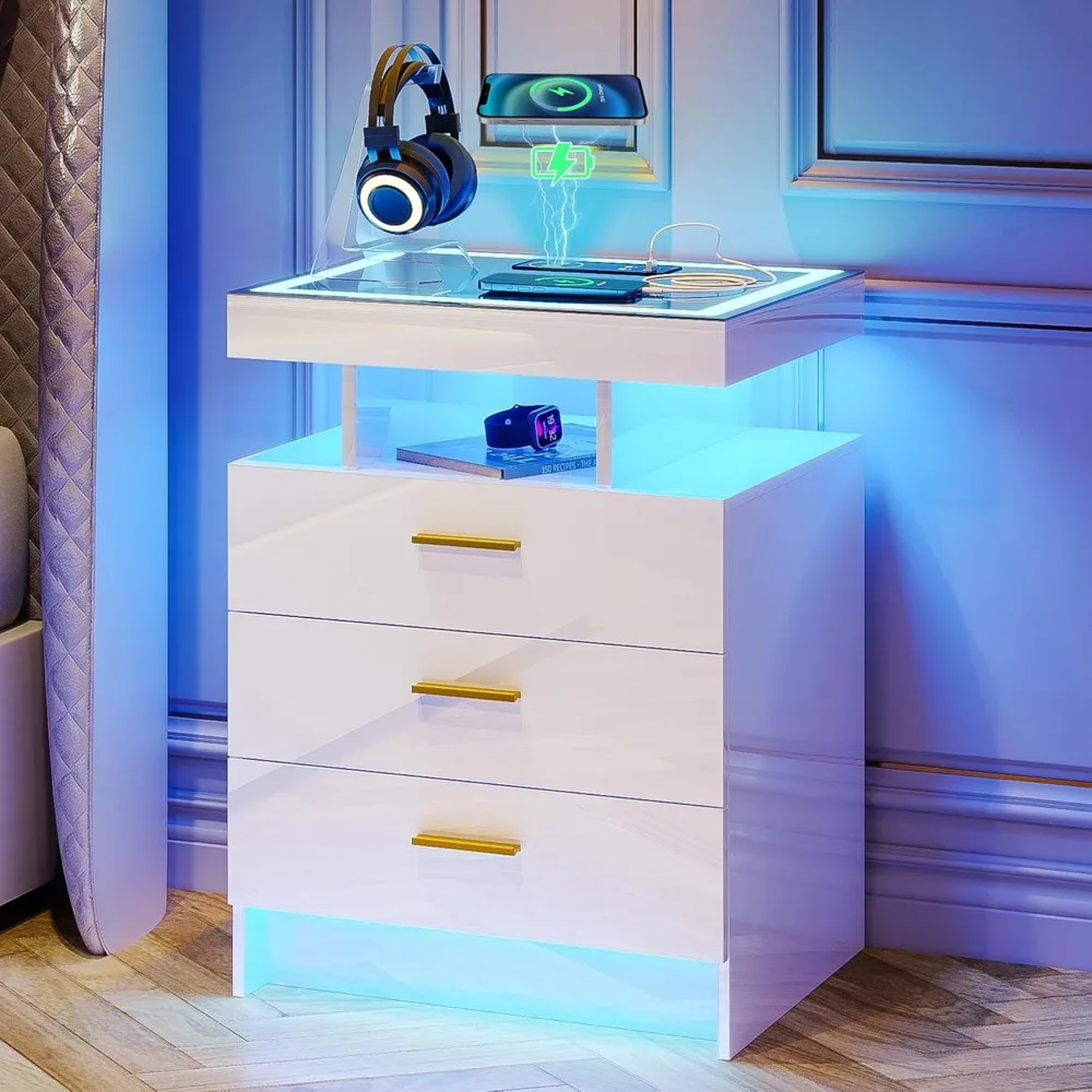 

LED Nightstand with Wireless Charging Station, Dimmable Night Stand, Modern Bedside Table with Drawer Open Compart for Bedroom