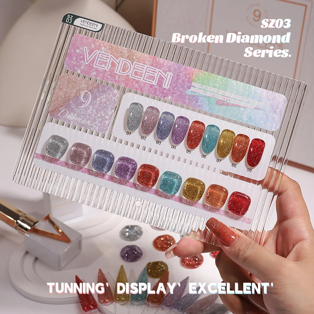 Vendeeni 9 Farben Transluzenter Diamant-Gel-Nagellack Glitzer UV LED Soak-Off Gel-Lack Flash Nail Art Gel-Lack 15ml – Detail 3