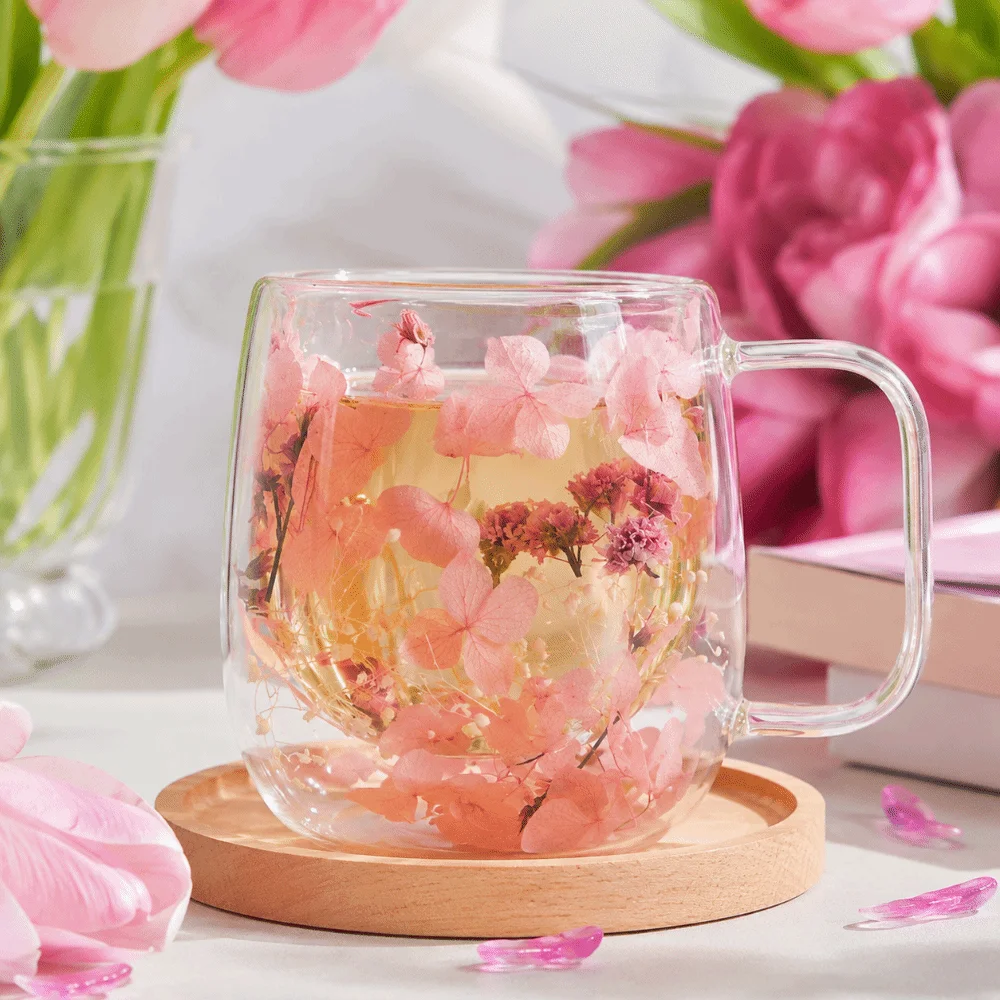 Milk Mug Creative Dried Flower Glass Cup Flower Pattern 250/390ML Dried Flower Cup Double Wall Insulated Double Wall Mug Bar Use