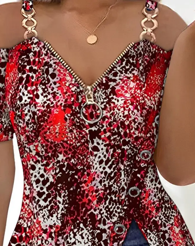 Leisure Summer New Product Women\'s Shirt 2023 Leopard Pattern Zipper Details Split Bottom Cold Shoulder Versatile Vintage Top