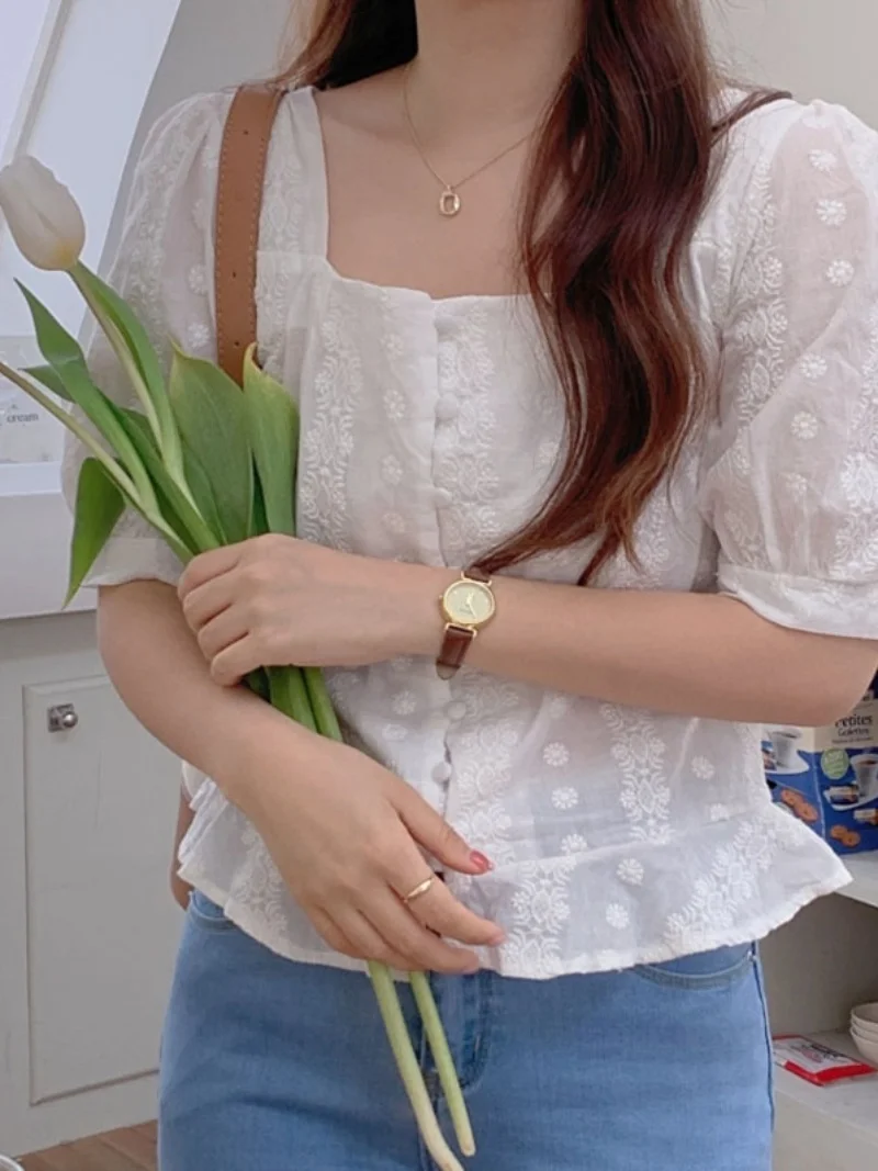 Chique manga curta bolha csa branca fena verão doce vintage gola quadrada bordado topo estilo coreano moda de deslocam...