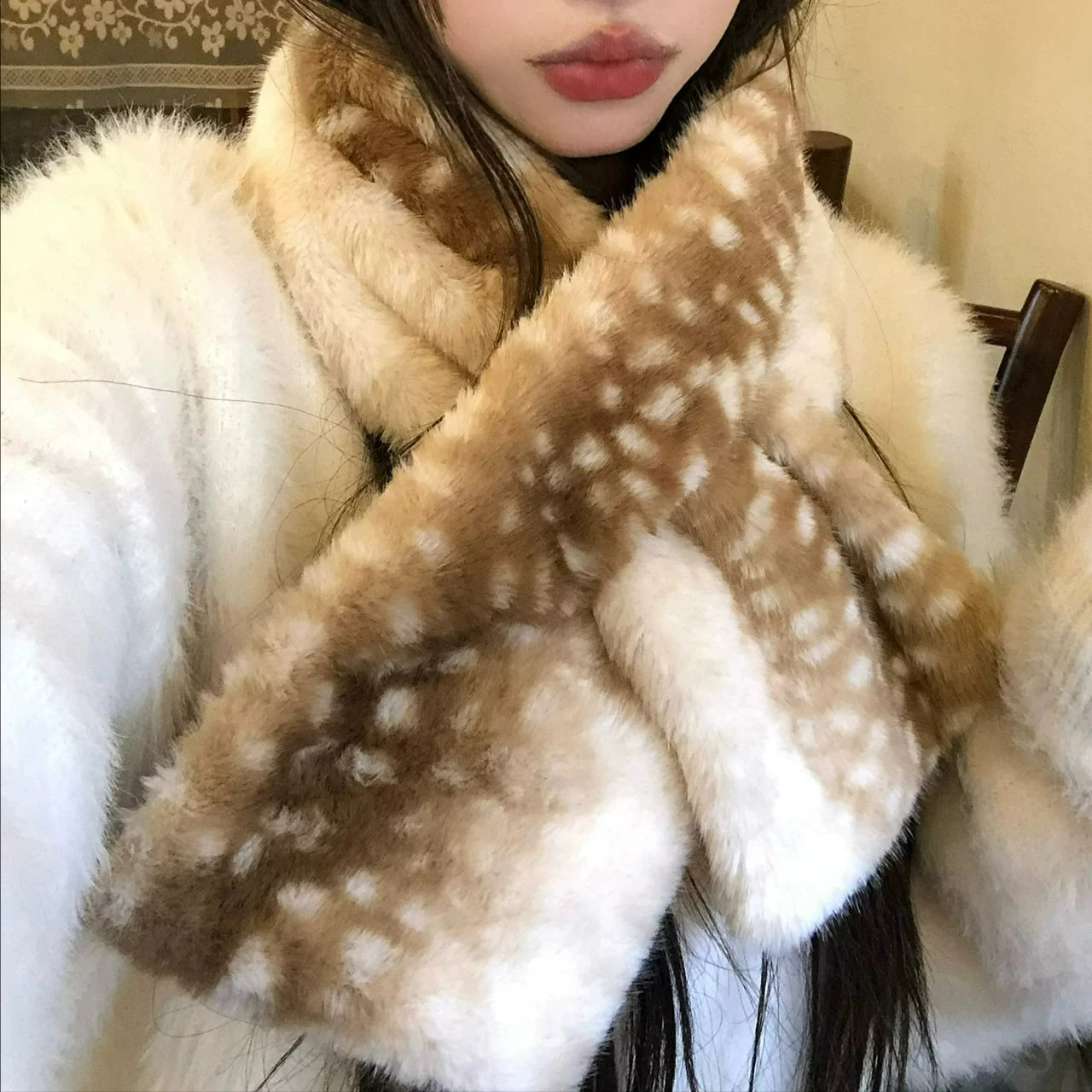 Winter Harajuku Elk Plush Scarf Hat Set Christmas Deer Print Warm Scarf Antlers Hairband Cosplay New Year Decoration Accessories