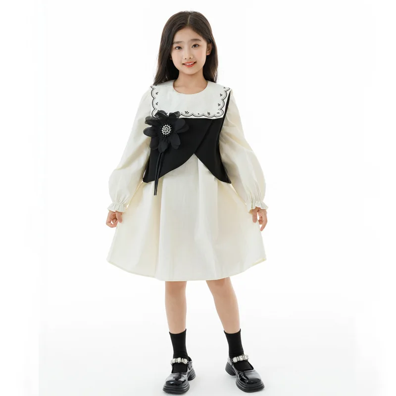 autumn-korean-junior-girl-2pcs-dress-suits-junior-girls-square-collar-long-sleeve-dress-school-girls-3d-flower-vest-kid-girl-set