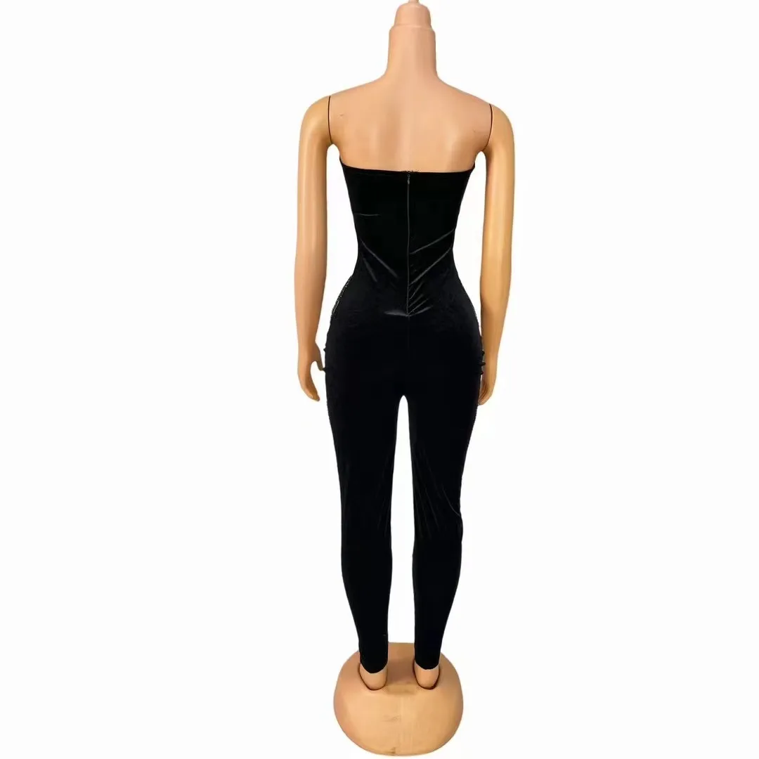 Sexy Stage Nightclub Party Black Rhinestones Transparent Tube Jumpsuits Women Singer Dancer Performace Photoshoot Jumpsuit