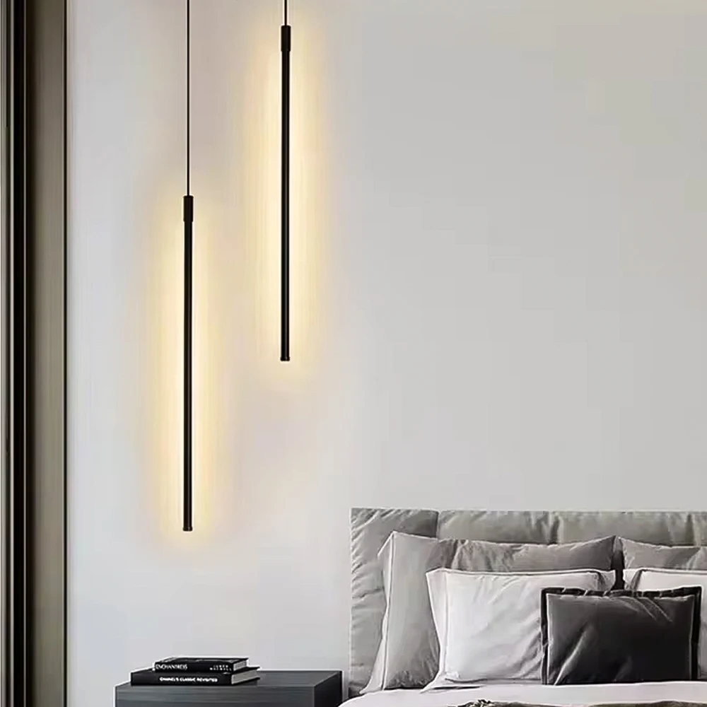 

Modern LED Long Pendant Lights Design line Hanging Lamp for Dining Room Bedroom Bedside Background Chandeliers Decor Lighting