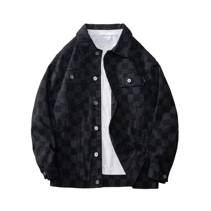 Spring Black Plaid Denim Jacket Men Retro Pocket Denim Jackets Men Streetwear Hip-hop Loose Bomber Jacket Mens Cowboy Coat