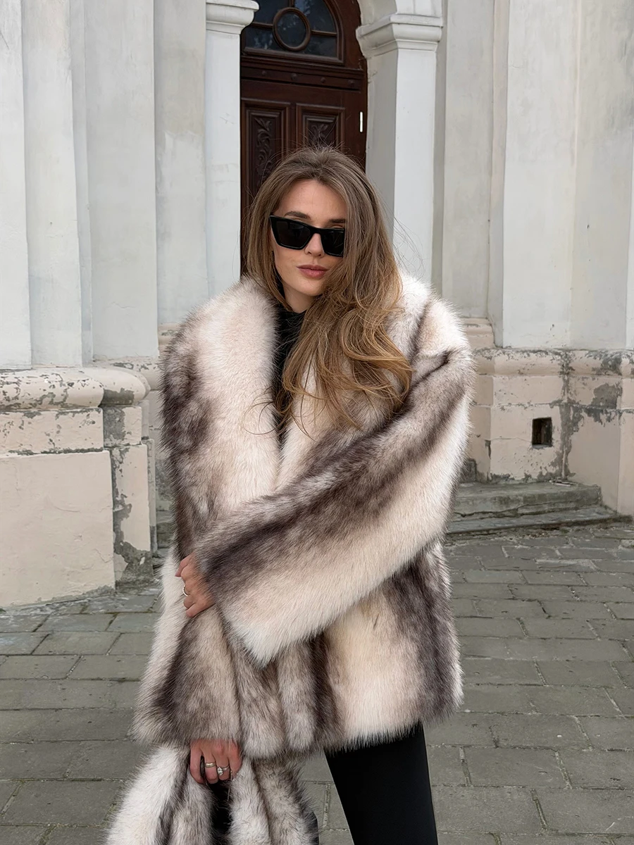 LIMO Gradient Women Faux Fox Fur Jacket Open Front Loose Fluffy Long Sleeve Furry Coat