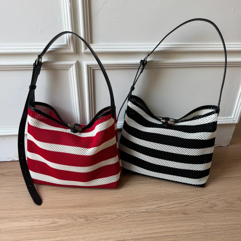 

Summer Hollow Out Striped Shoulder Bags Large Capacity Luxury Letter Women Tote Bags Ladies Travel Commuter Purse Handbags