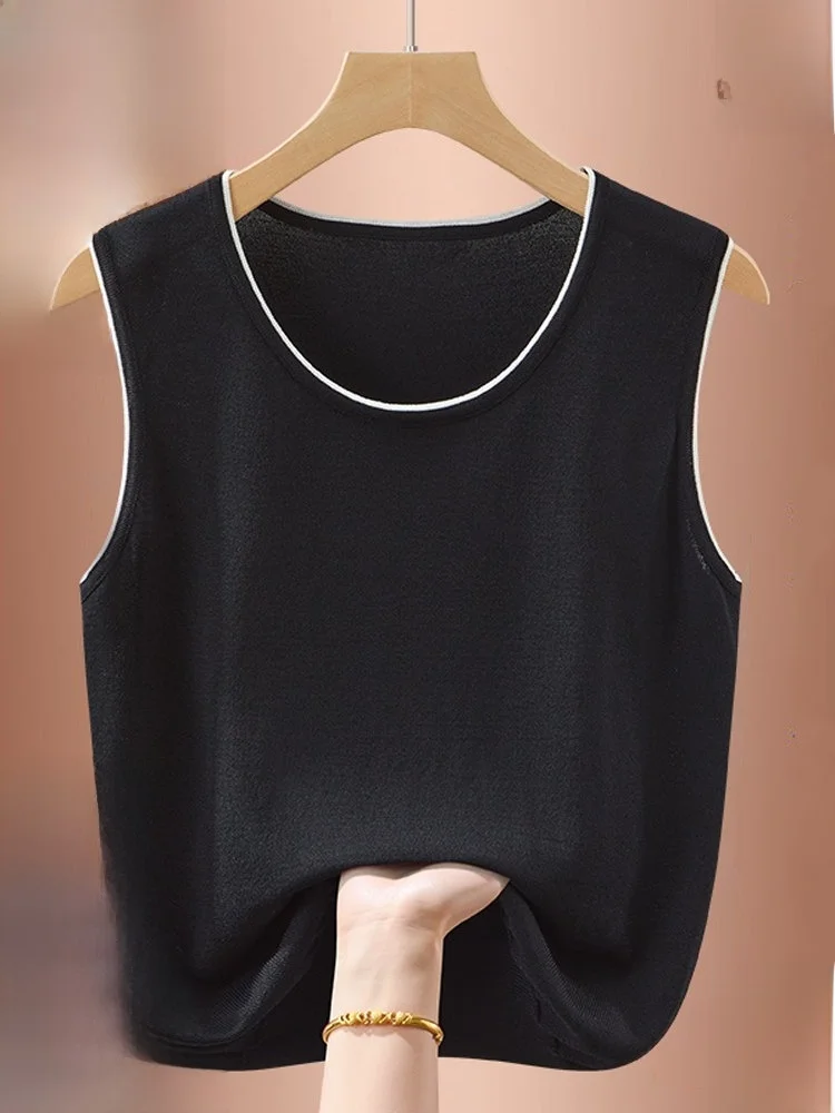Gilet di seta Donna Estate Sottile rotondo Ne Svel T-shirt in seta di ghiaccio lavorata a maglia Top bianco Vestibilità ampia Abbigliamento estivo versatile casual