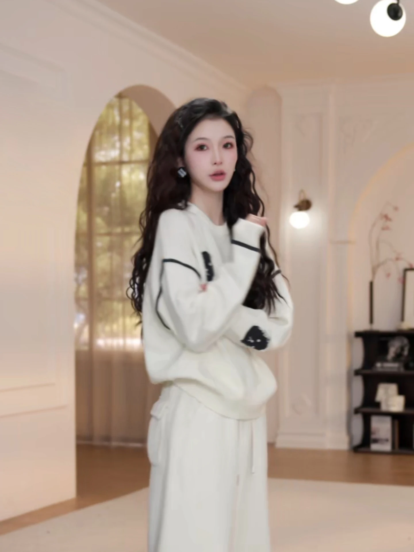 

Loose Fit Long Sve round Ne Bla Bear Sweater Women's Autumn Winter Lazy Sle Knitted Sweater Soft Cotton Wool Blend