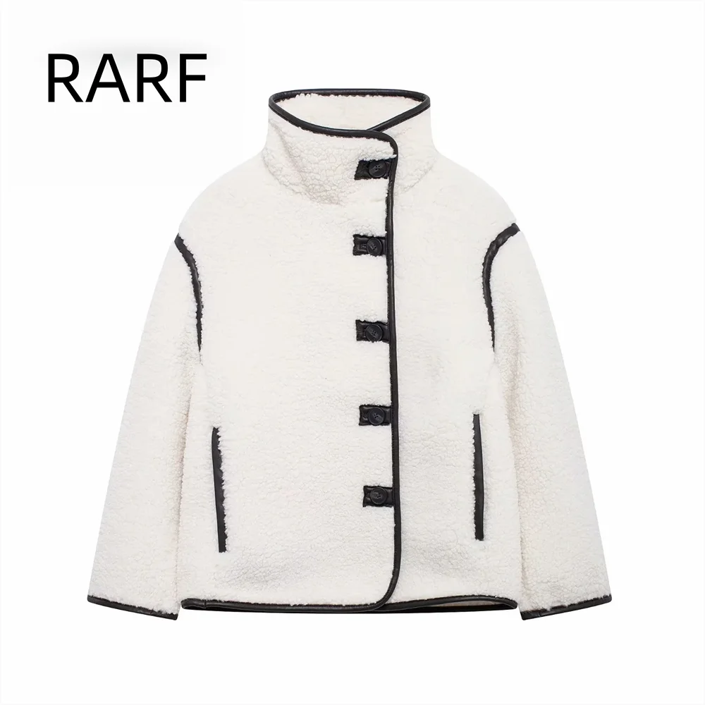 

2024 Autumn new women's fashion loose fit warm long sleeved stand up collar teddy fleece short jacket