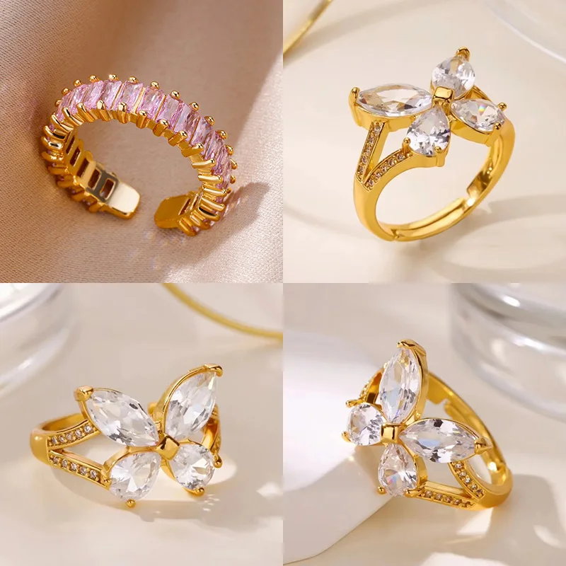 Modische Zirkon-Schmetterlingsringe für Frauen, goldfarben, Edelstahl, Schmetterlingsring, Hochzeit, Weihnachten, hypoallergen, Schmuck, Geschenk