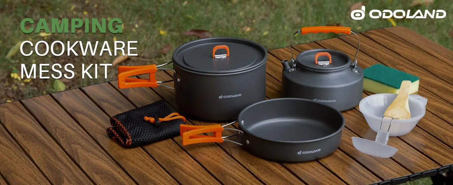 Odoland 10pcs Camping Cookware Camping Pots and Pans Set with Kettle Plastic Bowls and Soup Spoon for Camping, Backpacking, Outdoor Cooking and Picnic