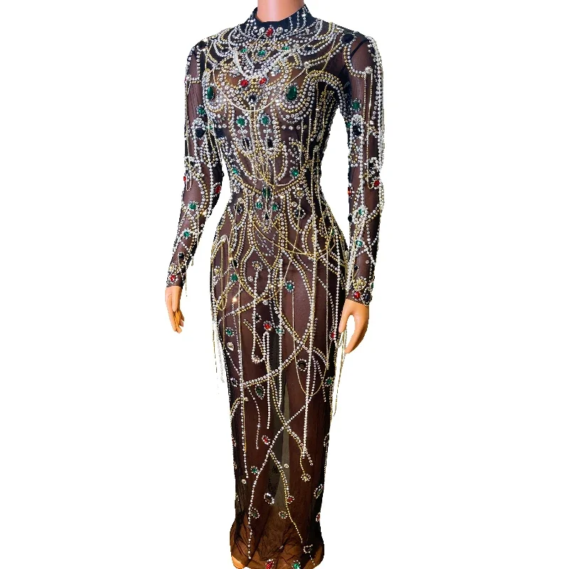 Colorful Rhinestones Pearls Dress Sexy Perspective Evening Party Dresses Women'S Singer Stage Costumes Festival Outfits