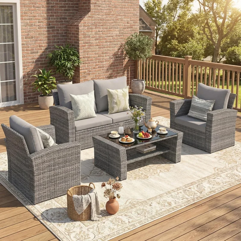 

Outdoor Wicker Patio Sofa Furniture Set, High Back & Wide Armrest Design, All-Weather Yard Balcony Porch Deck
