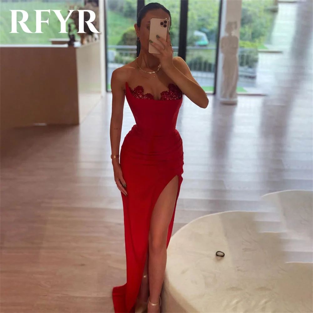 

RFYR Red Elegant Scoop Women Evening Dress Simple Sleeveless with Pleats Satin Trumpet Split Prom Formal Gown Dress Customized