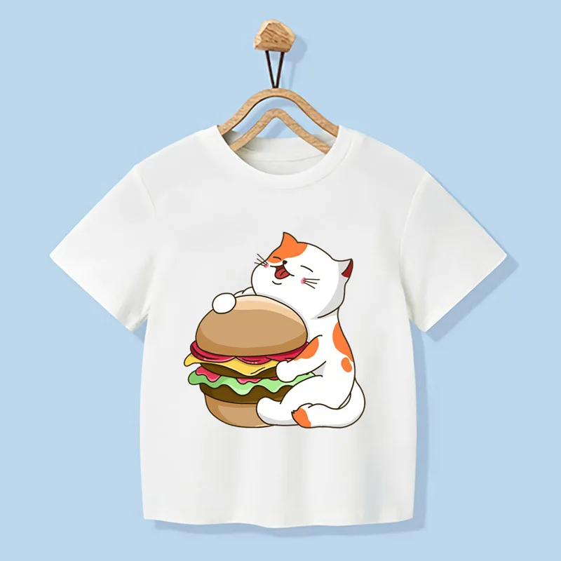 Kaus lengan pendek motif kucing untuk anak laki-laki perempuan, T-shirt lengan pendek motif kartun Pizza Burger, baju keluarga anak laki-laki dan perempuan