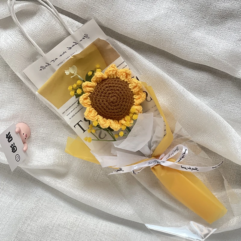 Sunflower Crochet Flower Bouquet Graduation Knitted Flowers Artificial Hand Woven Flowers Mother's Day Teacher's Day Gifts 꽃다발