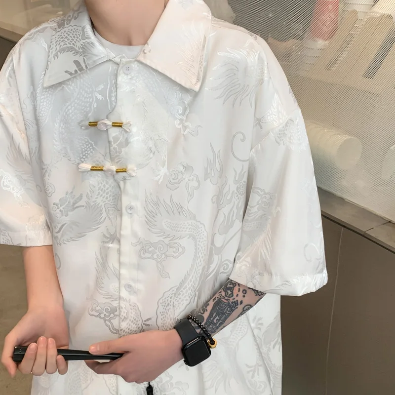 Men\'s Summer Blouse White Fashion Chinese Loong Pattern Shirts for Men 5XL Oversize Short Sleeves Dress New Clothing Casual