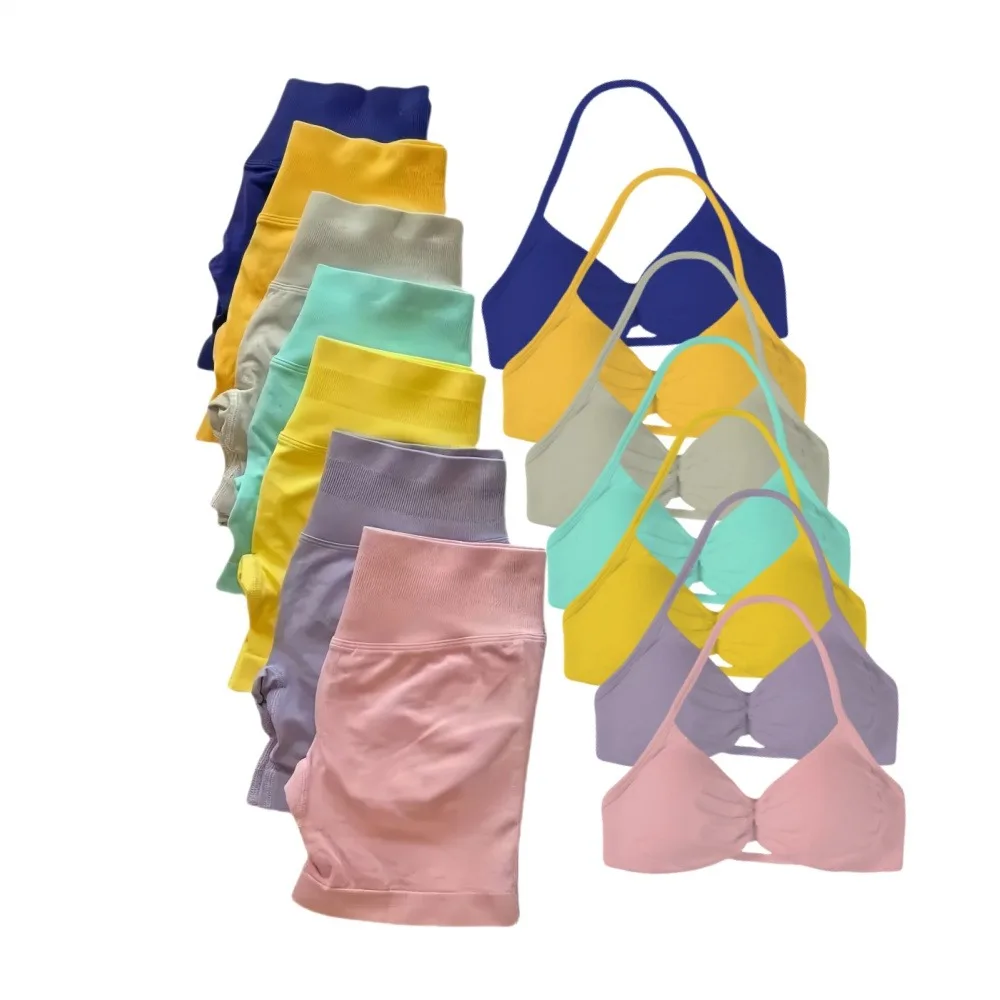 

2 Pcs Women's Seamless High Quality Yoga Set Shorts Strappy Bra Resistance Training Gym Workout Pilate Running Dynamic Sport Set