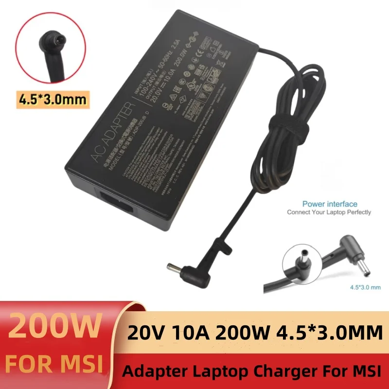 20V 10A 4.5*3.0mm 200W Laptop Charger AC Adapter For MSI Chicony Huawei GF66 MS-1563 1582A200A022P A21-200P2B A18-150 Power